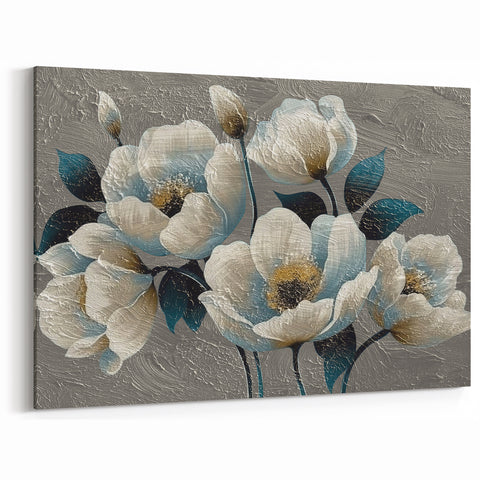 Elegant Floral Abstract Canvas – Teal and Cream Textured Blossom Art