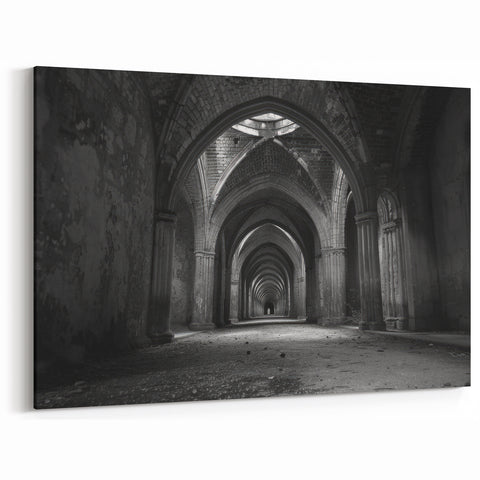 Gothic Arches Wall Art - Dramatic Black and White Corridor Print