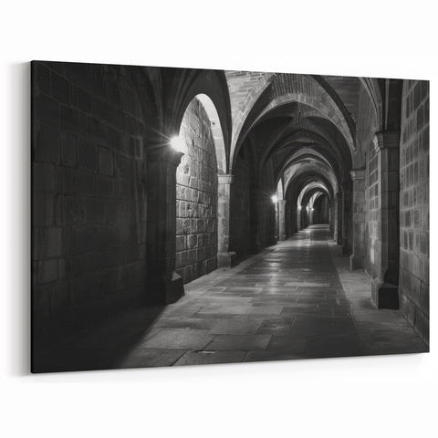 Noir Arches Wall Art - Moody Black and White Stone Corridor Print