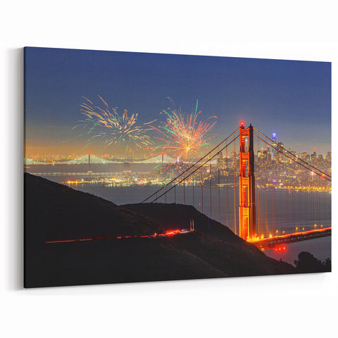 San Francisco Skyline Art | Festive Fireworks over Golden Gate | Canvas