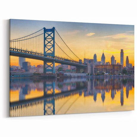Philadelphia Skyline Art - Ben Franklin Bridge at Sunset Reflections Print