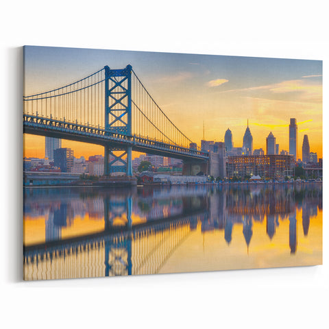 Philadelphia Skyline Art - Ben Franklin Bridge at Sunset Reflections Print
