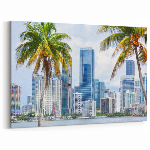 Miami Skyline Art with Palm Trees: Vibrant Tropical Cityscape Decor