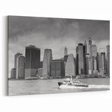 Black & White Miami Skyline Art with NYPD Boat: Timeless Cityscape