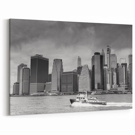 Black & White Miami Skyline Art with NYPD Boat: Timeless Cityscape