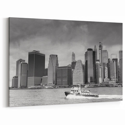 Black & White Miami Skyline Art with NYPD Boat: Timeless Cityscape