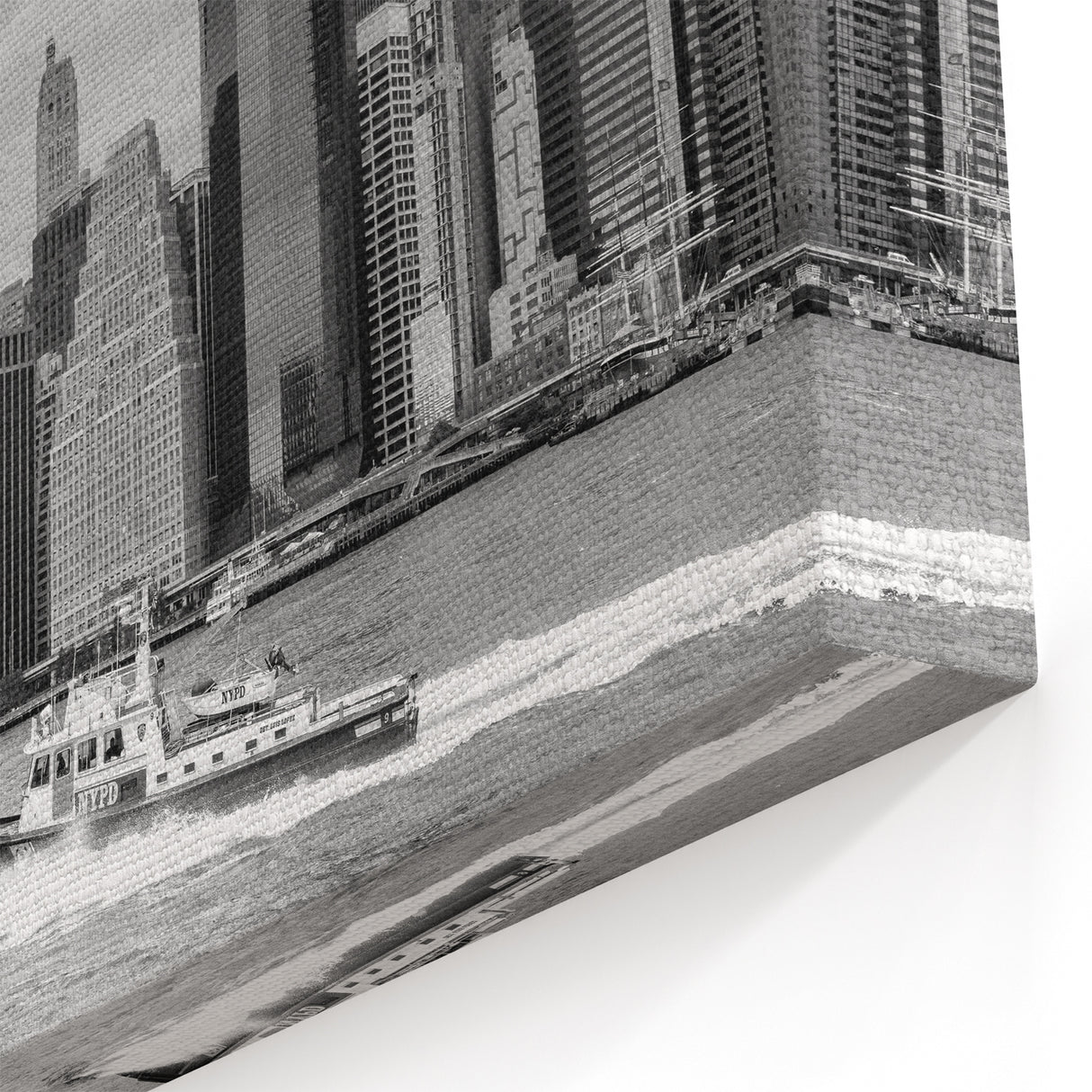 Black & White Miami Skyline Art with NYPD Boat: Timeless Cityscape