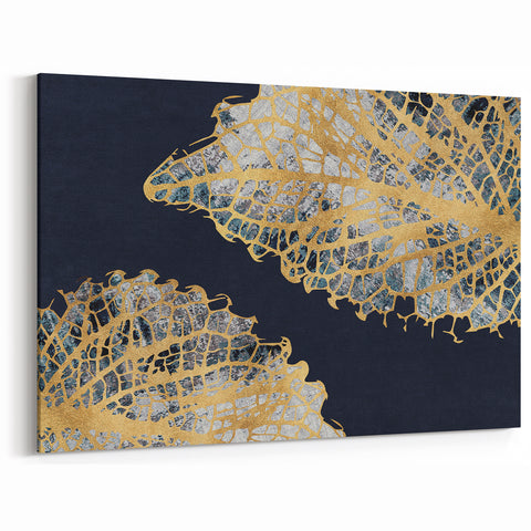 Abstract Golden Leaf Veins on Navy Background - Modern Canvas Art