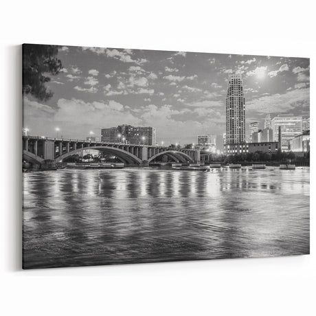 Minneapolis Night Skyline - Black and White Cityscape Art Prints for Decor