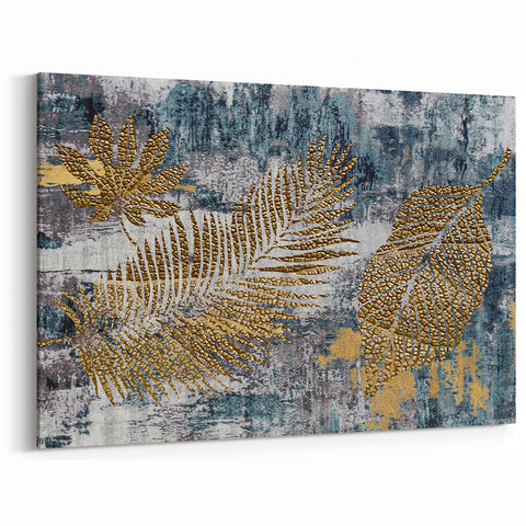 Golden Leaf Abstract Wall Art - Textured Botanical Canvas Decor