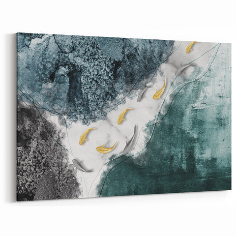 Teal and Gold Koi Fish Abstract | Modern Wall Art with Geometric Lines