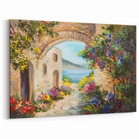 Mediterranean Archway Wall Art - Vibrant Floral Landscape Canvas Print
