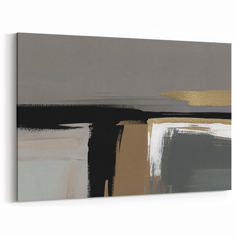 Minimalist Abstract Strokes and Lines Art | Black, Gray, and Gold Canvas