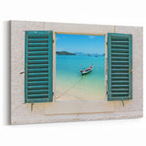 Scenic Window Wall Art – Serene Boat & Ocean View Architectural Print
