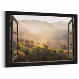 Serene Window Wall Art – Misty Morning Landscape View Print