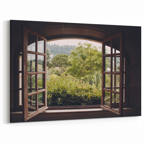 Rustic Window Wall Art – Lush Garden View Through Wooden Frame Print