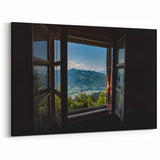 Mountain View Window Wall Art – Scenic Landscape Through Wooden Frame Print