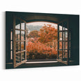 Autumn Window Wall Art – Warm Toned Garden View Through Rustic Frame
