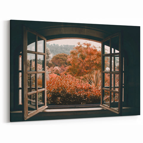 Autumn Window Wall Art – Warm Toned Garden View Through Rustic Frame