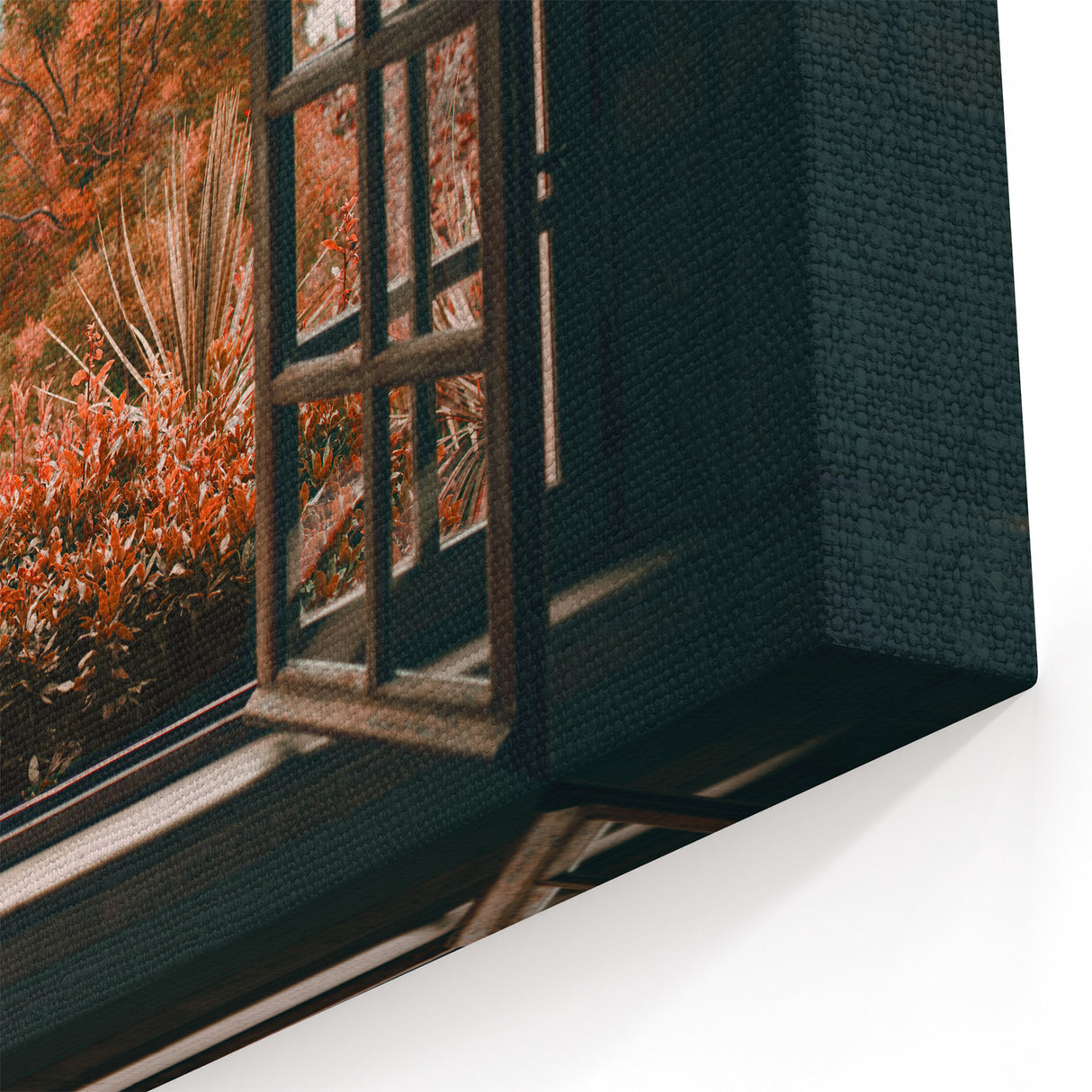 Autumn Window Wall Art – Warm Toned Garden View Through Rustic Frame