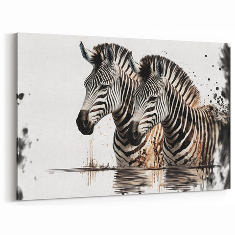 Twin Zebras in Water - Beautiful Safari Wildlife Art for Modern Decor