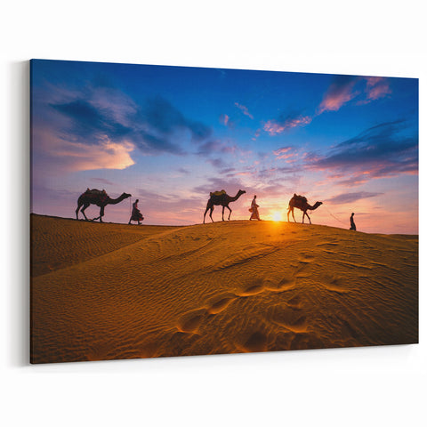 Camel Caravan at Sunset - Stunning Desert Landscape Canvas Wall Art