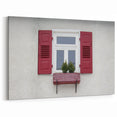 Minimalist Window Wall Art – Red Shutters with Greenery Architectural Print