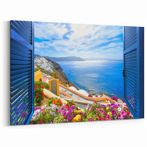 Vibrant Coastal Town Window Wall Art - Scenic Window Canvas Prints