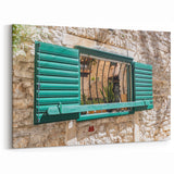Rustic Green Shutter Window Wall Art - Mediterranean Stone Canvas Prints