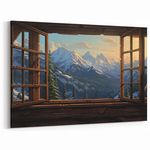 Mountain View Window Wall Art - Rustic Cabin Landscape Canvas Prints