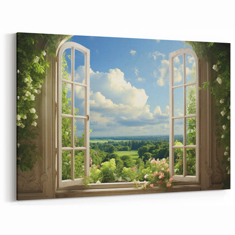 Serene Garden View Window Wall Art - Lush Landscape Canvas Prints
