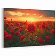 Serene Fields Art Print - Sunset Glow Over Vibrant Rose Field Canvas