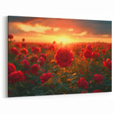 Serene Fields Art Print - Sunset Glow Over Vibrant Rose Field Canvas