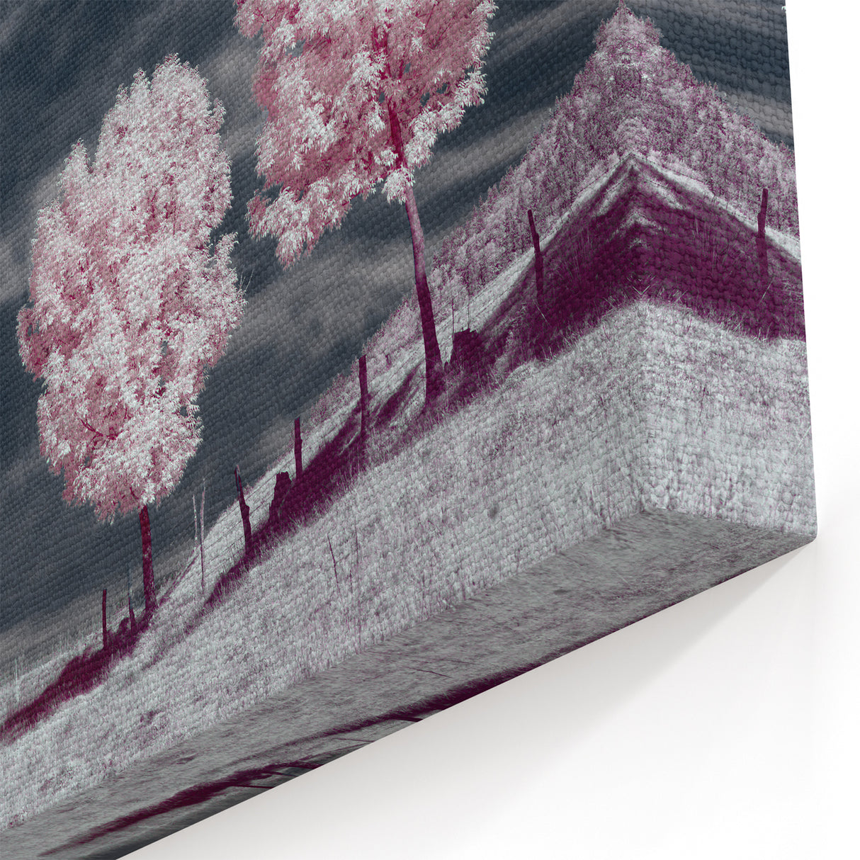 Fields Panorama Wall Decor - Pink Trees Under Dramatic Sky Landscape Art