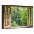 Serene Forest View Through Rustic Window – Scenic Canvas Art Print