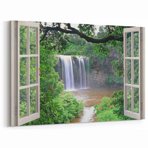 Waterfall View Through Window – Nature-Inspired Scenic Canvas Wall Art