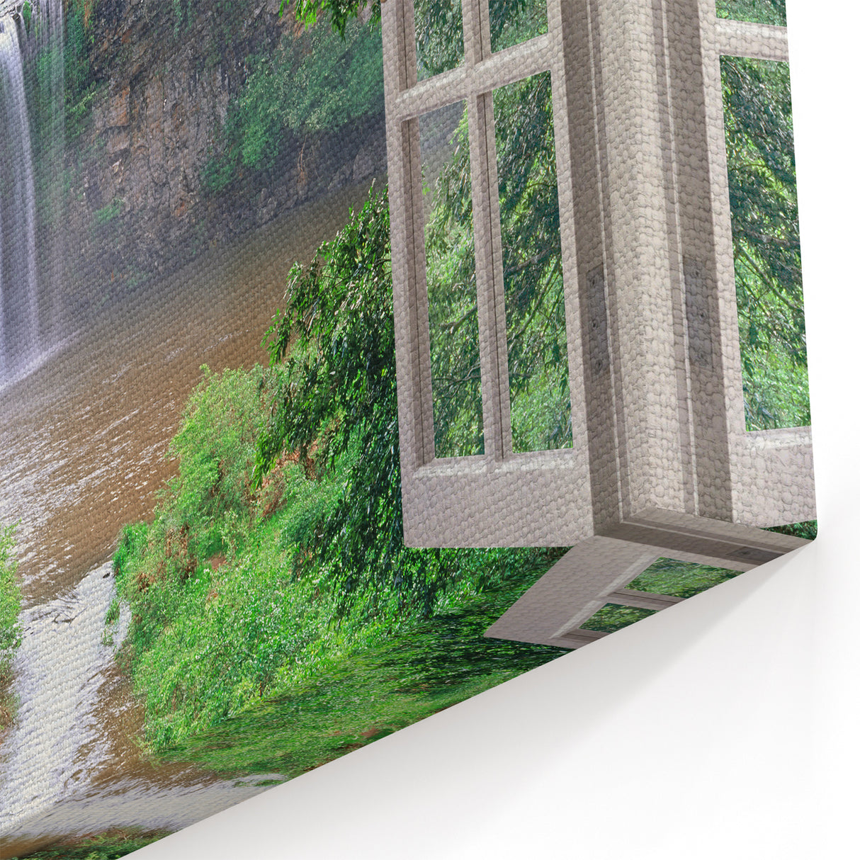 Waterfall View Through Window – Nature-Inspired Scenic Canvas Wall Art