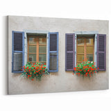 Charming Double Window with Flowers – Vintage Architectural Wall Art