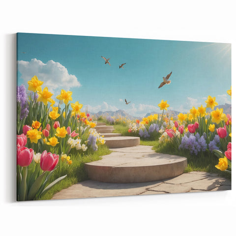 Sunny Garden Path Wall Art - Vibrant Floral Landscape Canvas Print