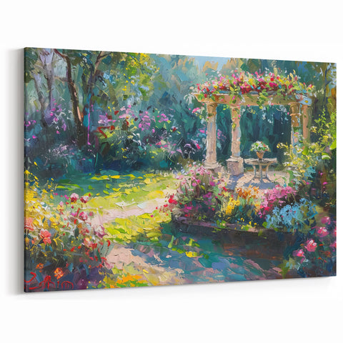 Charming Garden Gazebo Wall Art - Colorful Floral Landscape Print