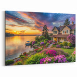 Lakeside Garden Sunset Wall Art - Tranquil Landscape Canvas Print