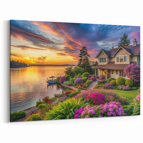 Lakeside Garden Sunset Wall Art - Tranquil Landscape Canvas Print