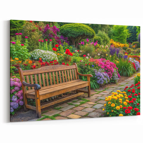 Garden Landscape Art with Bench - Vibrant Floral Canvas Prints