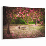Serene Cherry Blossom Bench Art - Peaceful Garden Landscape Print