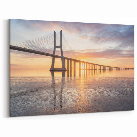 Golden Sunrise Bridge Reflection - Warm Scenic Bridge Wall Art Print