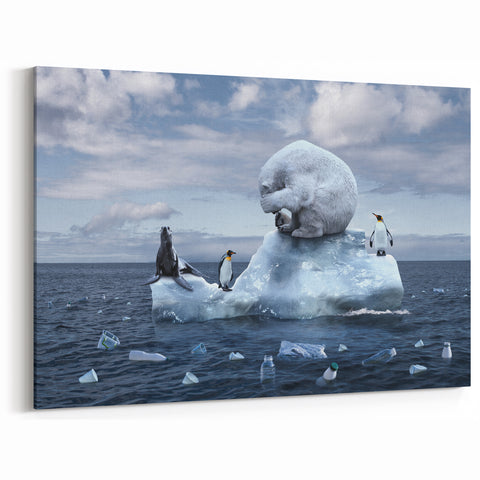 Thought-Provoking Glacier Art - Polar Bear and Penguins Environmental Canvas