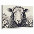 Floral Sheep Wall Art - Detailed Black and White Farm Animal Canvas Print