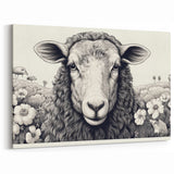 Floral Sheep Wall Art - Detailed Black and White Farm Animal Canvas Print