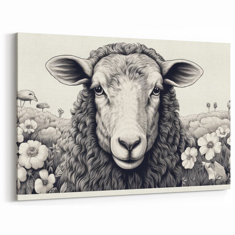 Floral Sheep Wall Art - Detailed Black and White Farm Animal Canvas Print