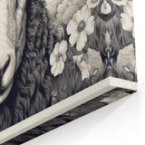 Floral Sheep Wall Art - Detailed Black and White Farm Animal Canvas Print